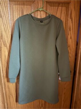 Olive Green Textured Long Sleeve Dress